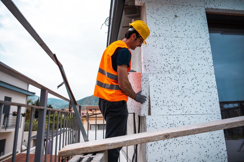 Ouvrier installant des panneaux d'isolation thermique par l'extérieur sur façade de maison